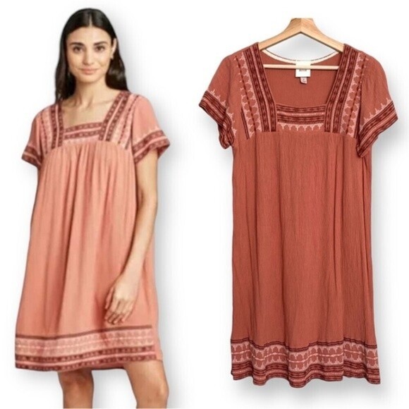 Knox Rose Embroidered Mini Dress Short Sleeve Boho - Picture 1 of 13